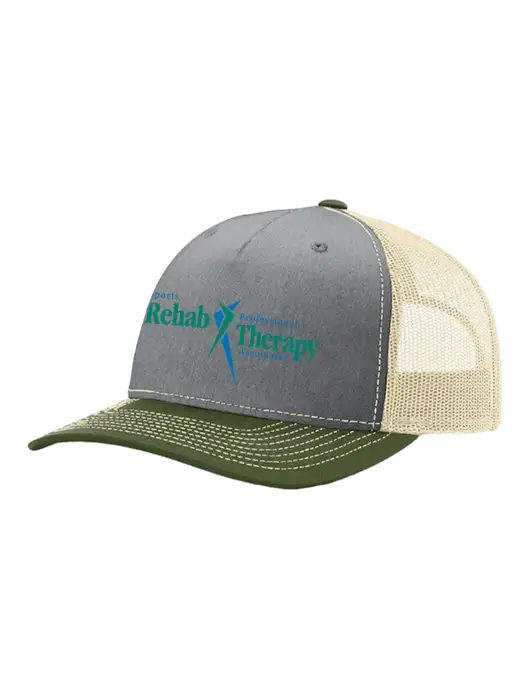 Richardson Five-Panel Trucker Olive/ Light Grey Heather w/Tan Mesh Cap  w/Sports Rehab Logo