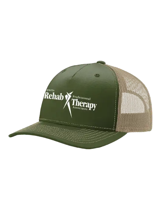 Richardson Five-Panel Trucker Medium Dark Olive/Tan Mesh Cap  w/Sports Rehab Logo