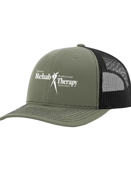 Richardson Adjustable Snapback Original 112 Trucker Cap Medium Olive w/Black Mesh w/Sports Rehab Logo