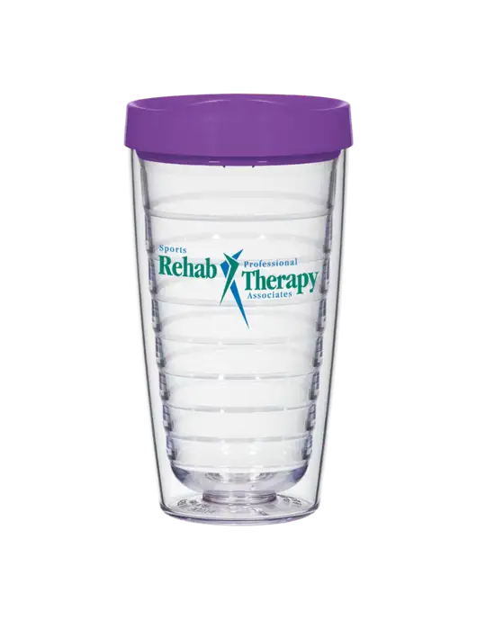 16 oz Trivex Double Wall Tumbler with Purple Travel Lid w/Sports Rehab Logo