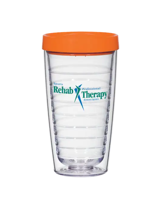 16 oz Trivex Double Wall Tumbler with Orange Travel Lid w/Sports Rehab Logo