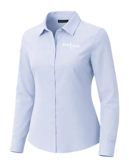 Brooks Brothers Womens Full-Button Light Blue Satin Blouse w/Sports Rehab Logo