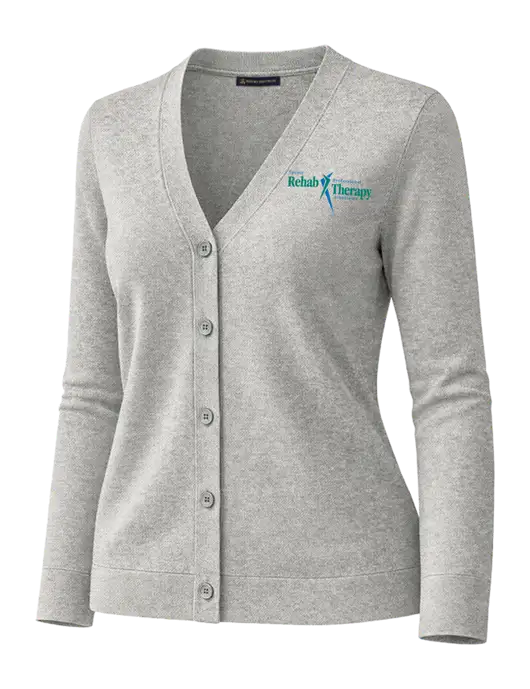 Brooks Brothers Womens Cotton Stretch Light Grey Heather Cardigan Sweater w/Sports Rehab Logo