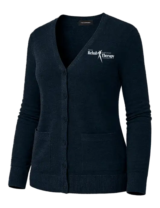 Womens Dark Navy Washable V-neck Cardigan Sweater w/Sports Rehab Logo