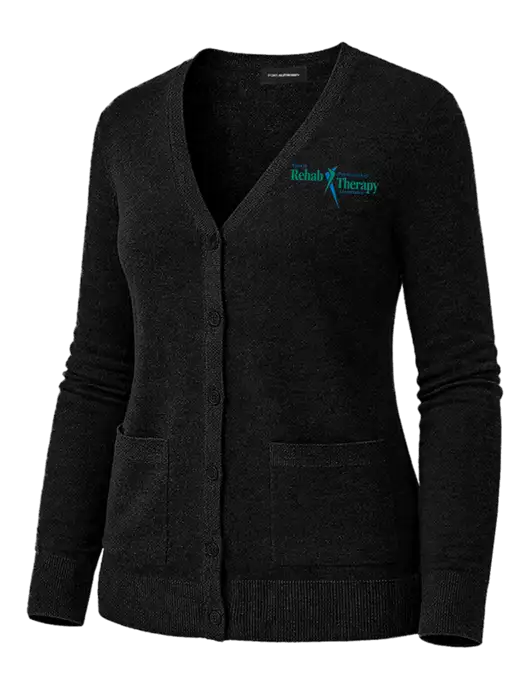 Womens Black Washable V-neck Cardigan Sweater w/Sports Rehab Logo