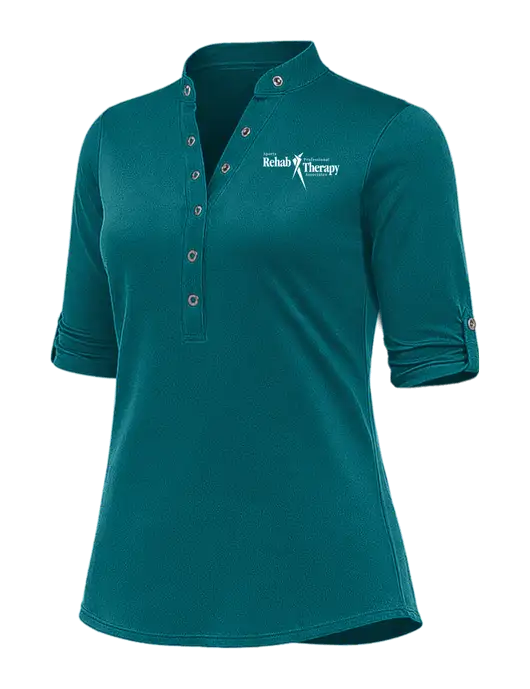 OGIO Womens Crush Henley Teal 3/4 Sleeve Shirt w/Sports Rehab Logo