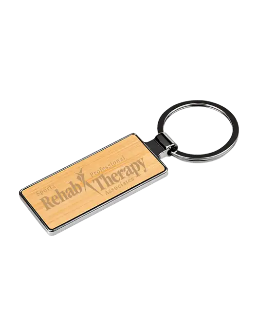 Wood and Silver Rectangle Keychain w/Sports Rehab Logo