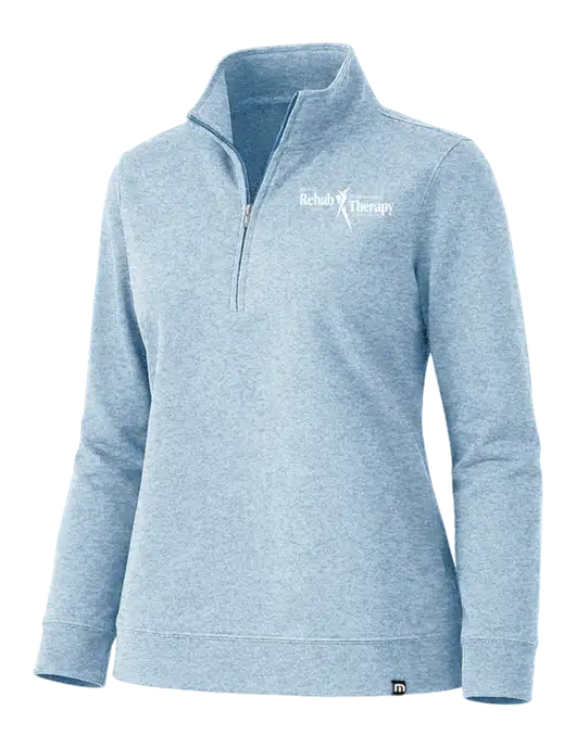 TravisMathew Womens Coveside Light Blue Heather 1/2 Zip w/Sports Rehab Logo