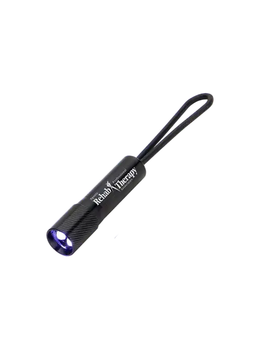Mini Black LED Flashlight with Silicone Loop w/Sports Rehab Logo