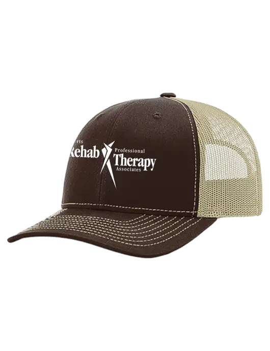 Richardson 112+ R-Flex Dark Brown Trucker Cap w/Tan Mesh w/Sports Rehab Logo