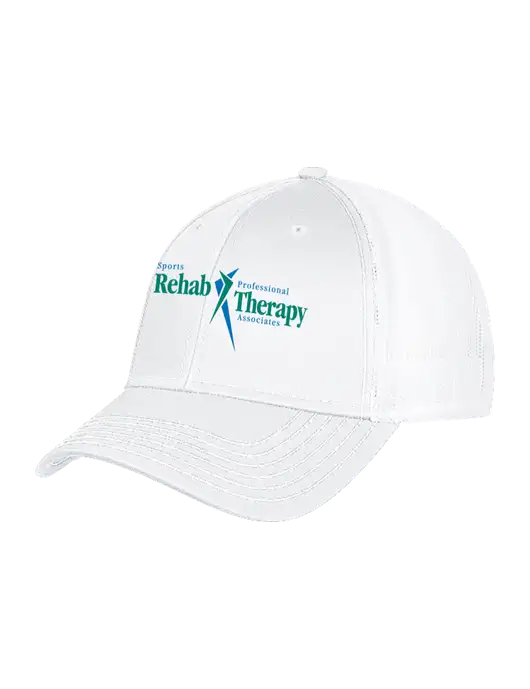 White Mesh Trucker Cap Snap Back w/Sports Rehab Logo