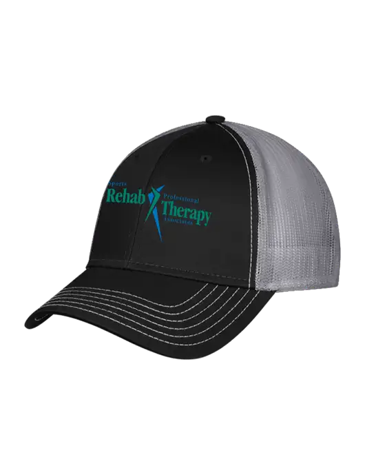 Black/Medium Dark Grey Mesh Trucker Cap Snap Back w/Sports Rehab Logo