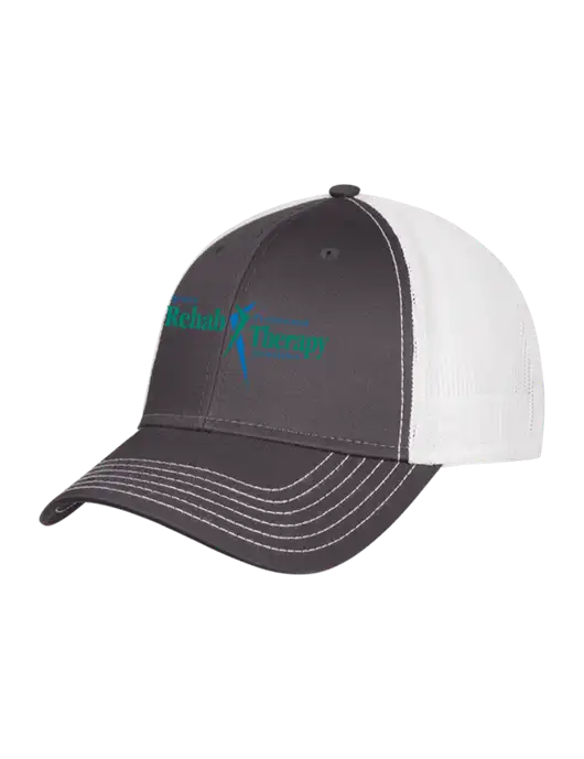 Dark Grey/White Mesh Trucker Cap Snap Back w/Sports Rehab Logo