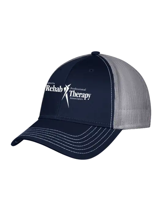 Navy & Grey Mesh Trucker Cap Snap Back w/Sports Rehab Logo
