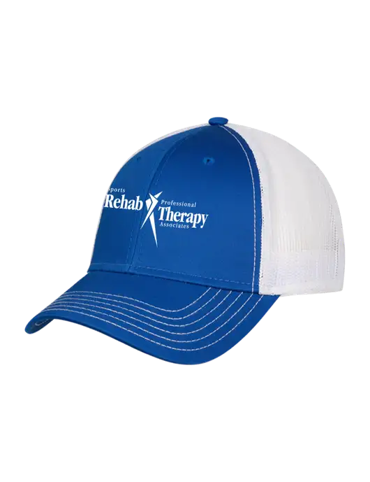 Royal & White Mesh Trucker Cap Snap Back w/Sports Rehab Logo