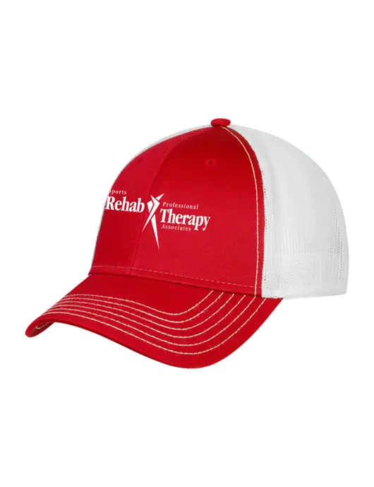 Red/White Mesh Trucker Cap Snap Back w/Sports Rehab Logo