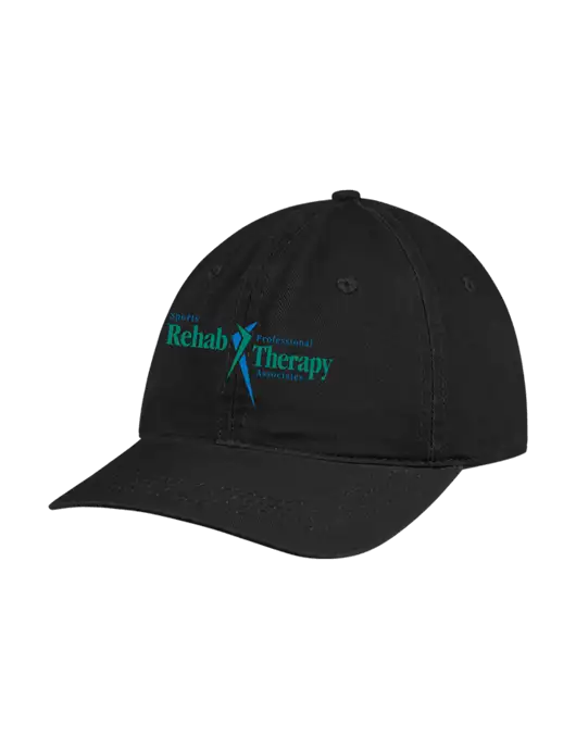 Garment Washed Unstructured Twill Black Cap w/Sports Rehab Logo