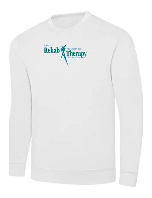 White 7.8 oz Ring Spun Crew Sweatshirt w/Sports Rehab Logo