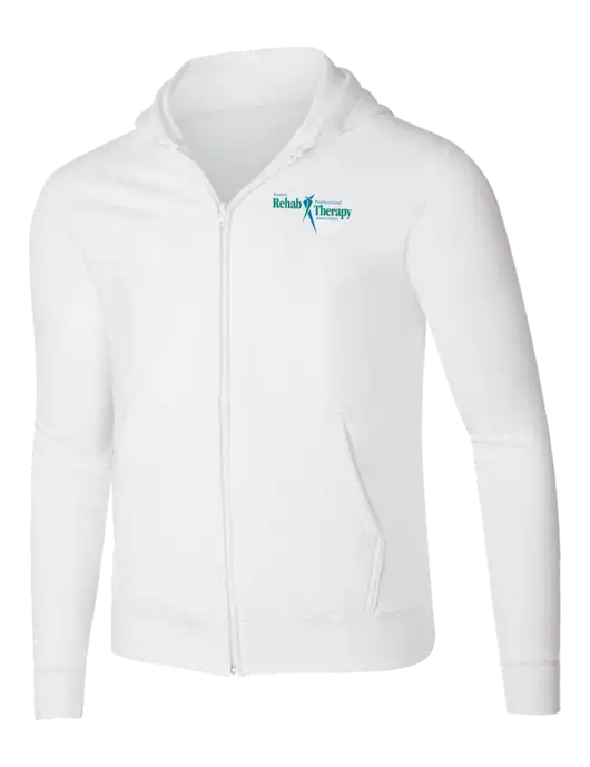 White 8.5 oz Ring Spun Zip Hooded Sweatshirt w/Sports Rehab Logo