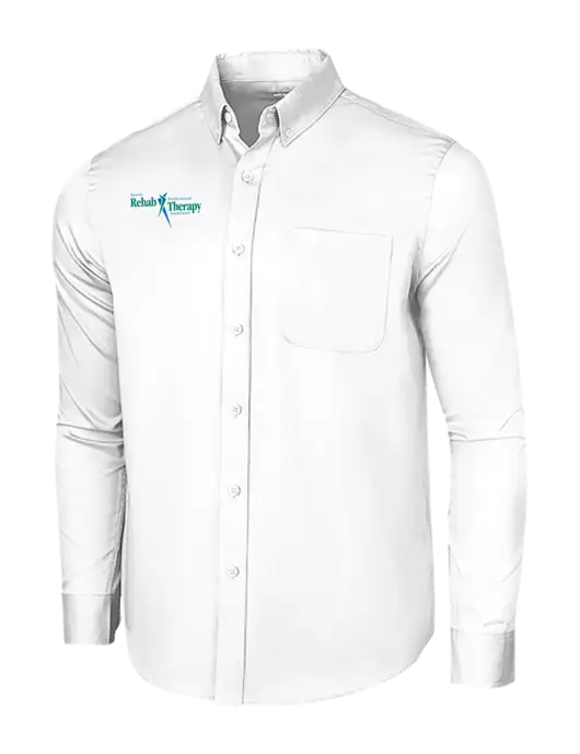 Long Sleeve White Superpro React Twill Shirt w/Sports Rehab Logo