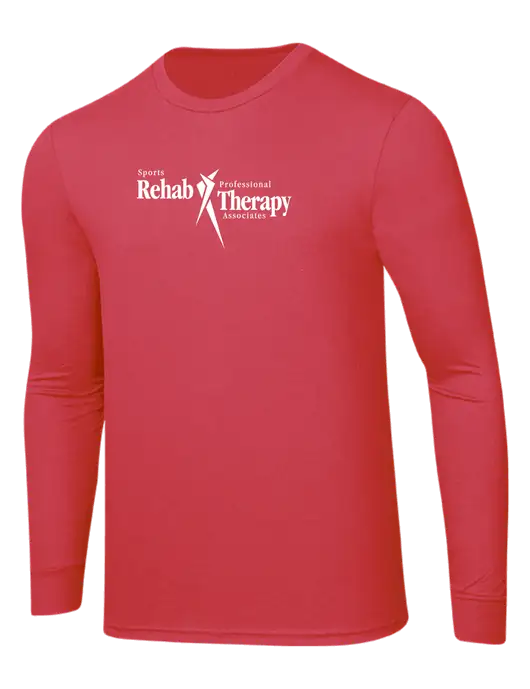 Simply Soft Long Sleeve Red Frost 4.5 oz, Poly/Combed Ring Spun Cotton T-Shirt w/Sports Rehab Logo