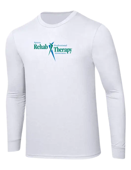 Simply Soft Long Sleeve White 4.5 oz, Poly/Combed Ring Spun Cotton T-Shirt w/Sports Rehab Logo