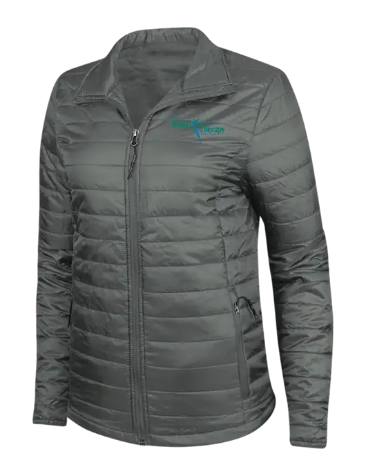 Dark Grey Womens Puffy Packable Jacket w/Sports Rehab Logo