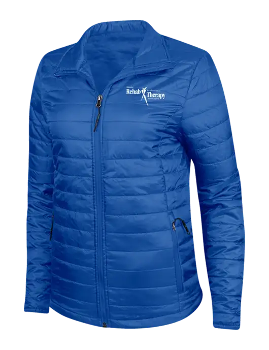 Dark Royal Blue Womens Puffy Packable Jacket w/Sports Rehab Logo