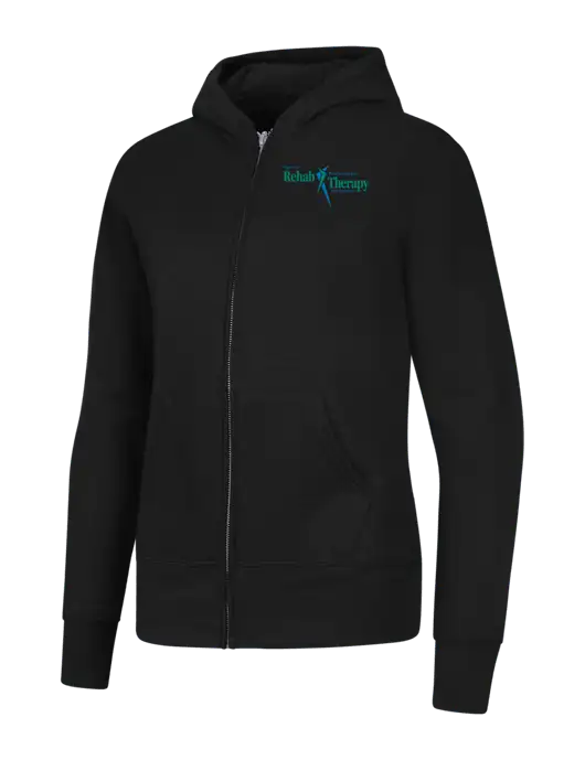 Jet Black Womens Core Fleece Full-Zip Hooded Sweatshirt w/Sports Rehab Logo