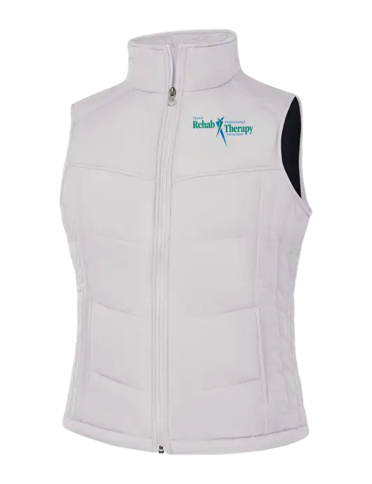Womens White/Dark Slate Puffy Vest w/Sports Rehab Logo