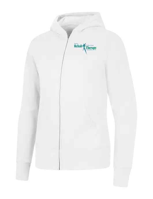 White Womens Core Fleece Full-Zip Hooded Sweatshirt w/Sports Rehab Logo