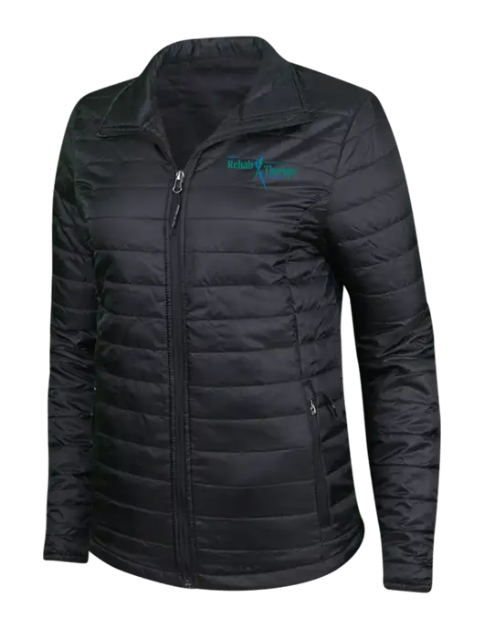Womens Black Puffy Packable Jacket w/Sports Rehab Logo
