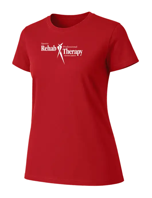 Womens Ring Spun Bright Red 4.5 oz T-Shirt w/Sports Rehab Logo