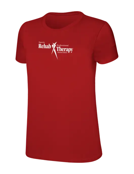 Womens Ring Spun Bright Red 4.5 oz T-Shirt w/Sports Rehab Logo