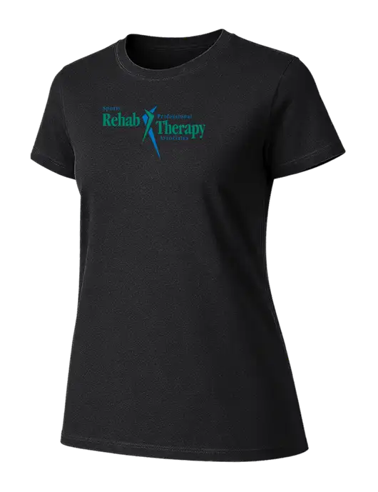 Womens Ring Spun Jet Black 4.5 oz T-Shirt w/Sports Rehab Logo