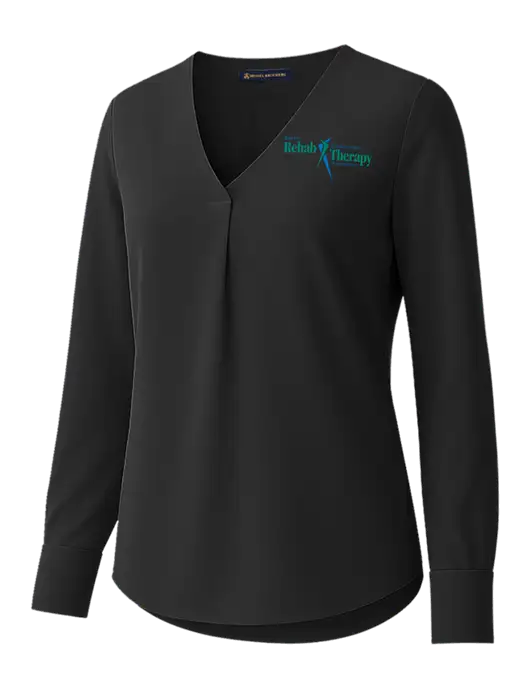 Brooks Brothers Womens Black Open-Neck Satin Blouse  w/Sports Rehab Logo