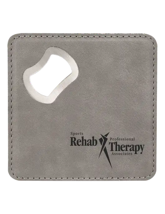 Grey Leatherette Coaster with Bottle Opener w/Sports Rehab Logo