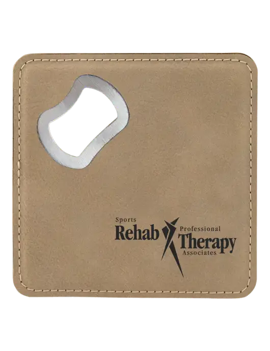 Tan Leatherette Bottle Opener Coaster w/Sports Rehab Logo