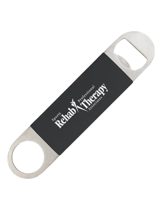 Black Bottle Opener with Silicone Grip w/Sports Rehab Logo