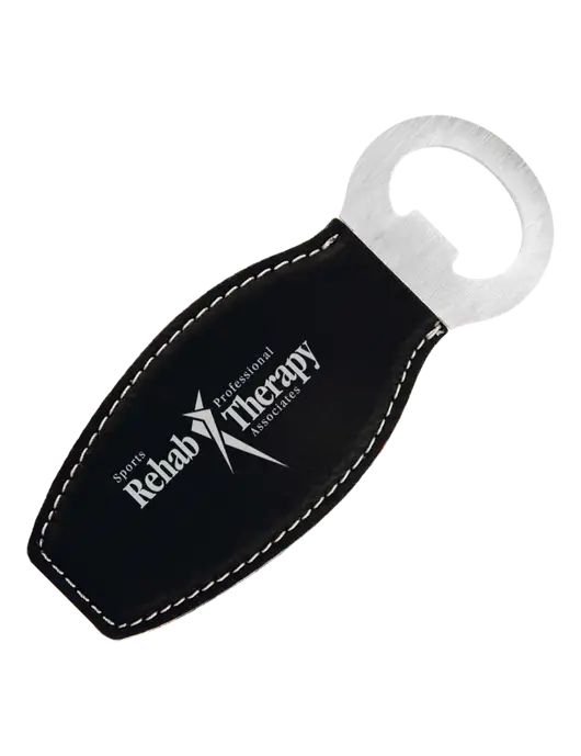 Black Leatherette Bottle Opener with Magnet w/Sports Rehab Logo