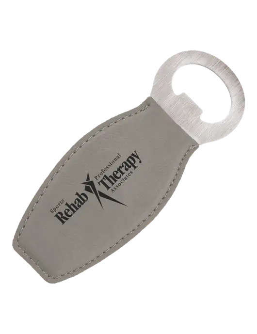 Grey Leatherette Bottle Opener with Magnet w/Sports Rehab Logo