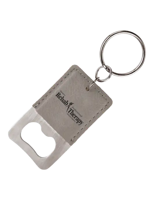 Grey Leatherette Rectangle Bottle Opener Keychain w/Sports Rehab Logo