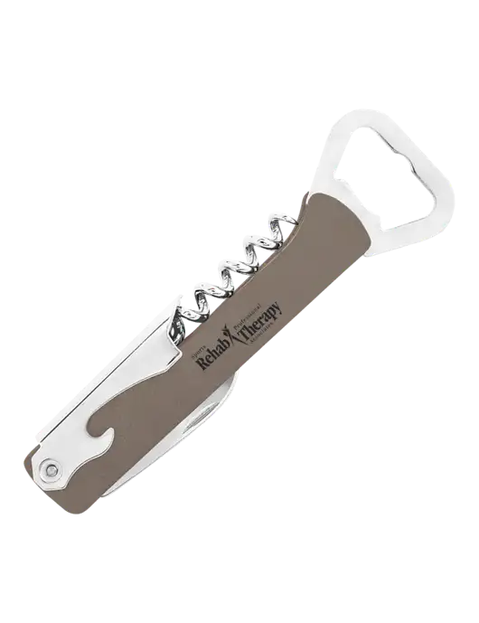 Grey Leatherette Wine Bottle Opener w/Sports Rehab Logo