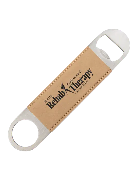 Tan Leatherette Bottle Opener w/Sports Rehab Logo