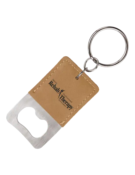 Tan Leatherette Rectangle Bottle Opener Keychain w/Sports Rehab Logo