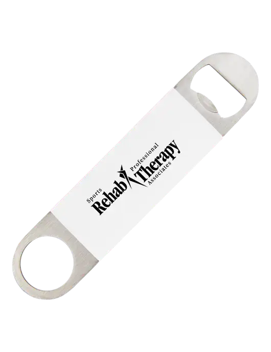 White Bottle Opener with Silicone Grip w/Sports Rehab Logo
