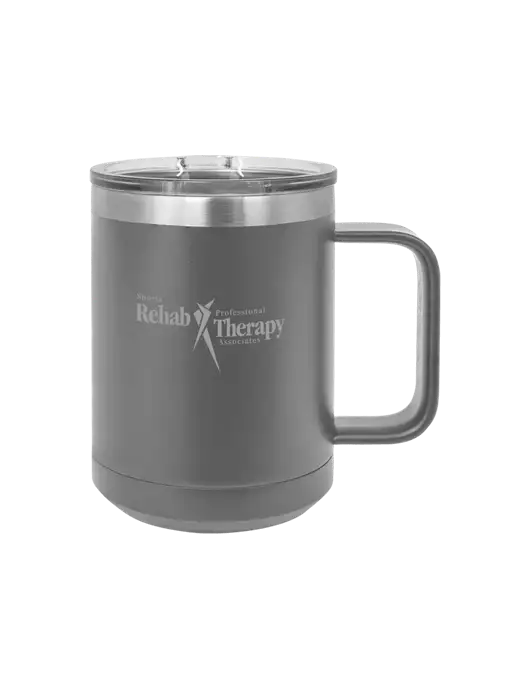 Polar Camel 15 oz Powder Coated Grey Vacuum Insulated Mug with Slider Lid w/Sports Rehab Logo