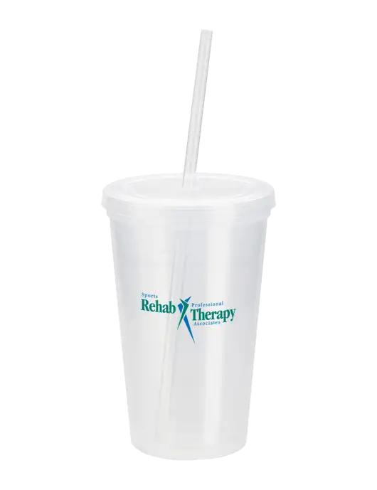 Sorrento Clear 16 oz Tumbler with Lid & Straw w/Sports Rehab Logo