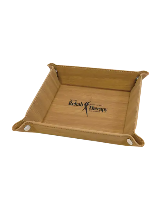 Bamboo Leatherette Valet Tray, 6 x 6 w/Sports Rehab Logo
