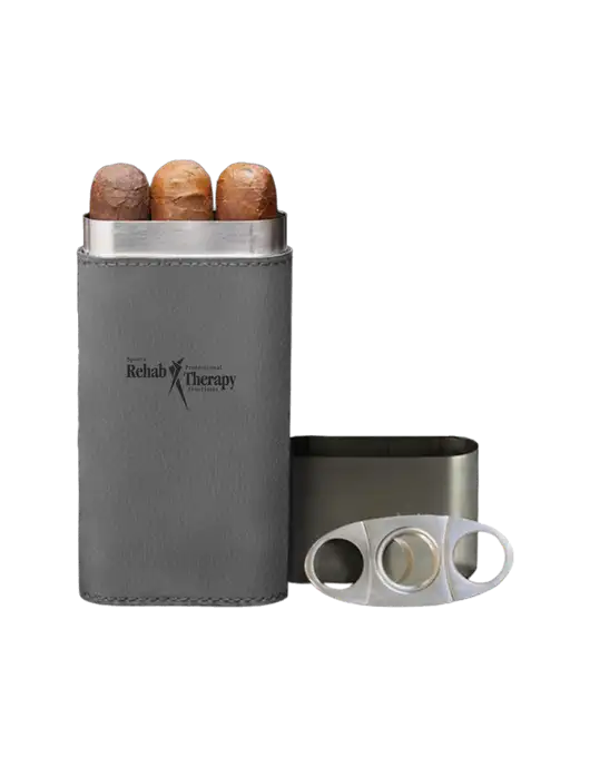 Grey Leatherette Cigar Case with Cutter w/Sports Rehab Logo